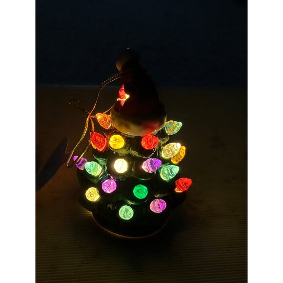 Mini Christmas Tree Ornament W/ Santa Hat Multicolor Bulbs 4." Tall Lights Up - Picture 7 of 9